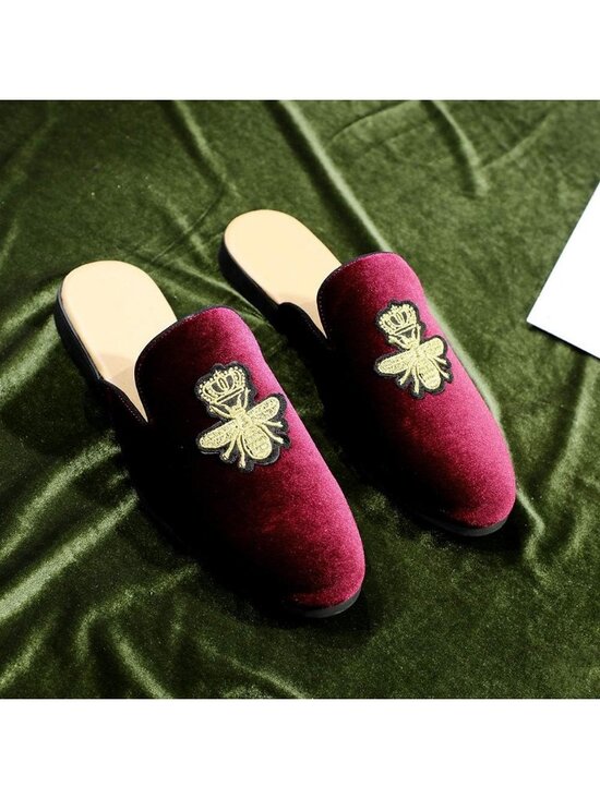 Men\'s Red Rubber Sole Velvet Leather Crown Embroidery Slip On Loafer Slippers